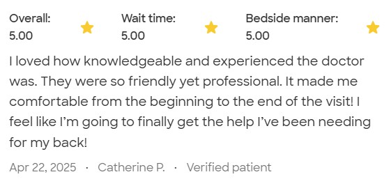 5-star review "finally get help I've been needing for my back" - a patient of Dr. Spencer Hackett at Modern Health & Wellness in Hamden, CT