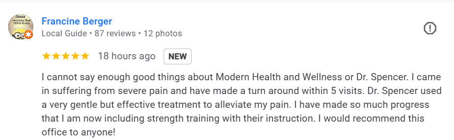 Patient review describing gentle chiropractic techniques and relief from severe pain in Hamden