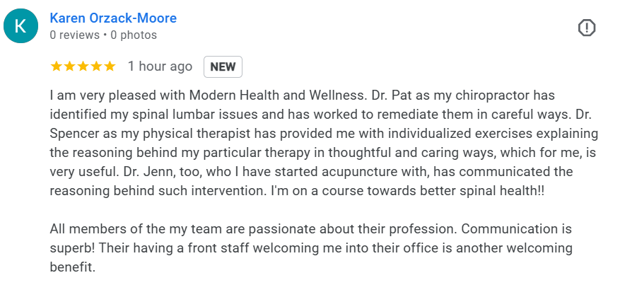Patient review about low back pain improvement with chiropractic care and exercise therapy in Hamden