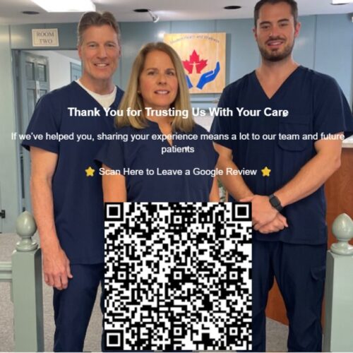 TV slideshow slide at Modern Health & Wellness asking patients to leave a Google review. The slide includes the text “Feeling Better? We’d Love Your Feedback,” a QR code linking to Google reviews, and a featured patient testimonial about improvement with chiropractic care for back and neck pain.