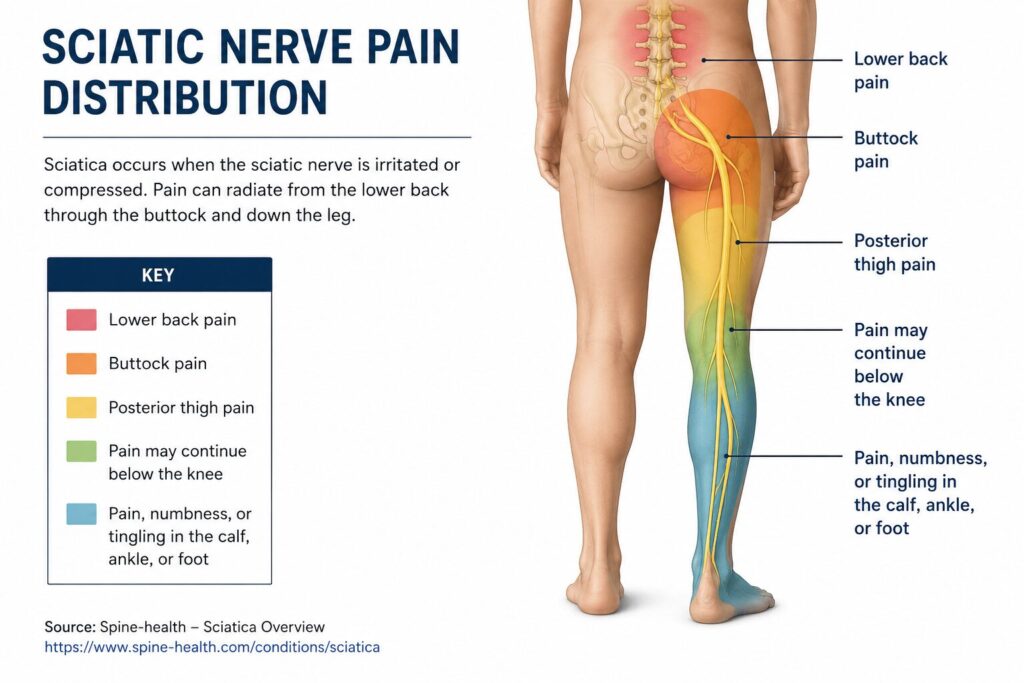 Illustration showing a pinched nerve in the spine causing sciatica or pain, numbness, and tingling into the leg.